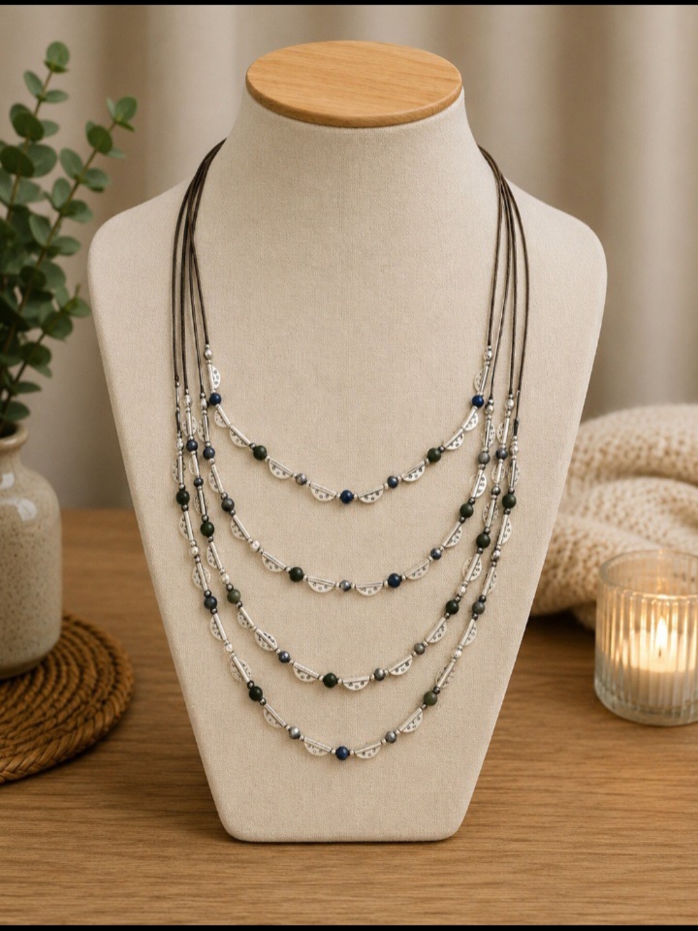 Boho Multi Strand Beaded Necklace | Silver Tone | Blue & Green Accent Beads